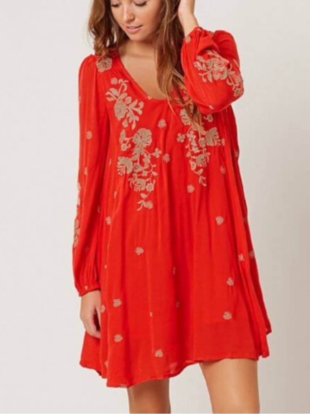 Free People XS Red Embroidered Mini Dress Open Back Long Sleeve Boho